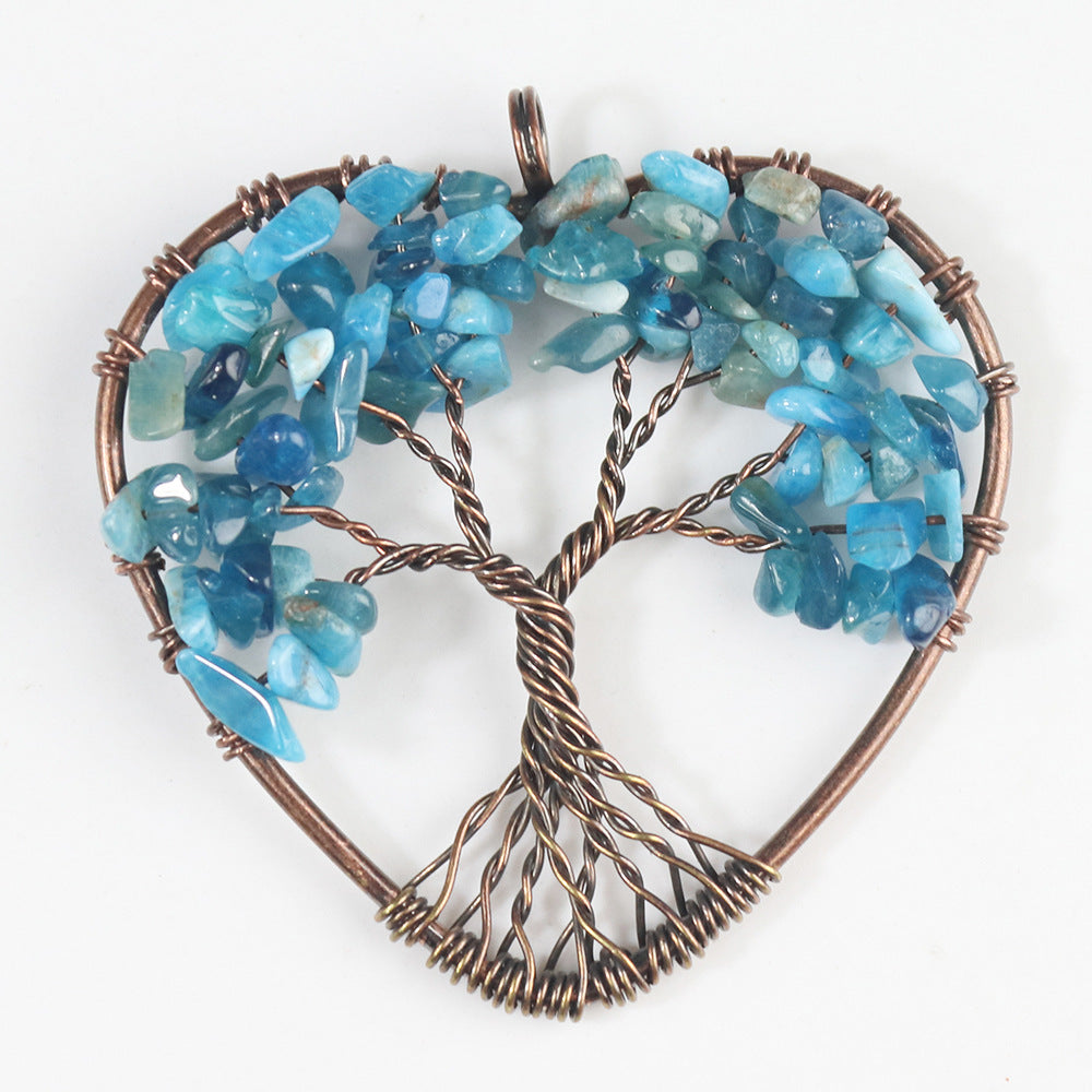 48MM 7 Chakra Chips Natural Stone Bronze Wire Wrapped Heart Shape Tree Of Life Pendants