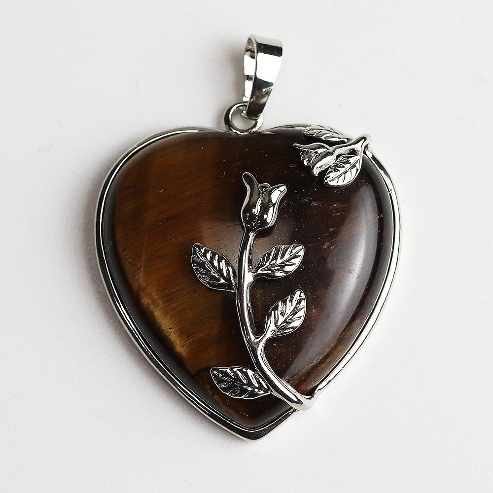 Amulet European Trendy Jewelry Healing Crystal Wrapped Rose Flower Tiger Eye Natural Stone Love Heart Rose Pendants