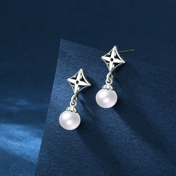 Dropshipping Trendy Simple Women 925 Sterling Silver Four-leaf Clover Shell Pearl Drop Stud Earrings