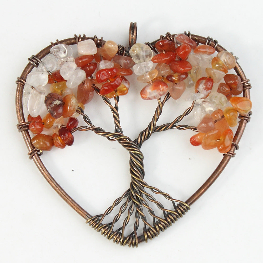 48MM 7 Chakra Chips Natural Stone Bronze Wire Wrapped Heart Shape Tree Of Life Pendants