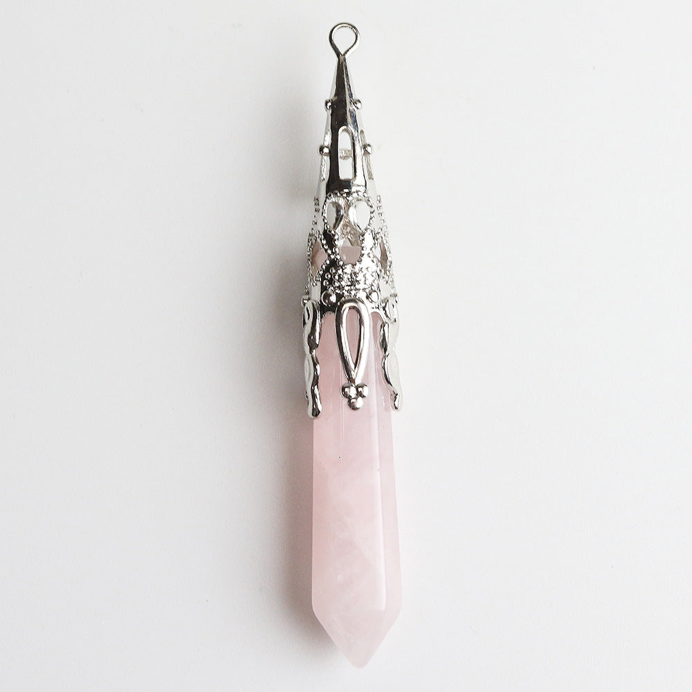 2022 Fashion Jewelry Natural Stone Opal Rose Quartz Charm Crystal Hexagonal Column Pendant