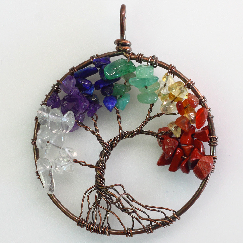 7 Chakra Rainbow Fluorite Natural Stone Jewelry 50MM Wisdom Antique Copper Plated Tree Of Life Pendants For Women