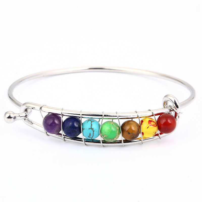 New Arrival Fashion Silver Gold Color Natural Healing Yoga Stone 7 Chakra Cuff Bangle Bracelet for Unisex