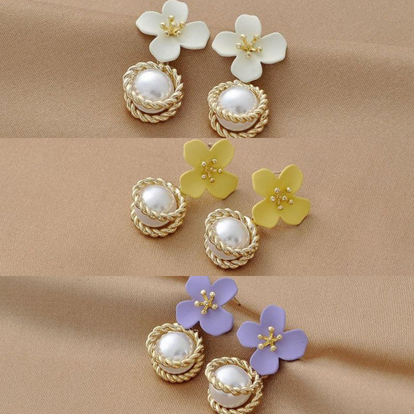 Trendy Luxury Elegant Hawaiian White Yellow Purple Flower Gold Pearl Stud Earrings For Women