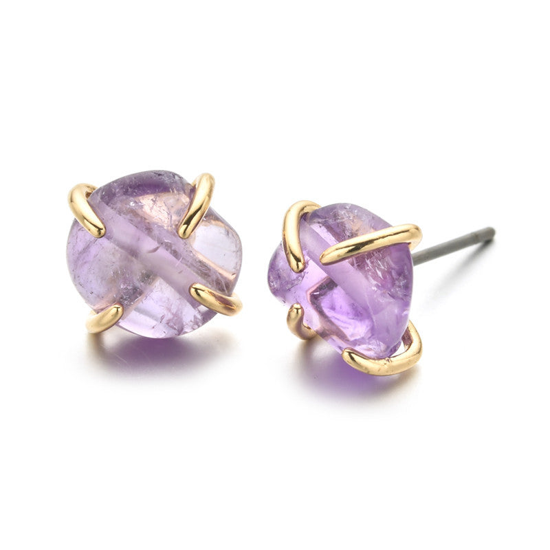 Casual 6MM Raw Crystal Amethyst Pink Opal Natural Stone Gemstone Beads Claw Setting Mini Stud Earrings for Women