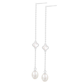 Korean Elegant 925 Sterling Silver Drop Earrings Necklace Bracelet Tiny Tassel Long Natural Pearl Jewelry Set