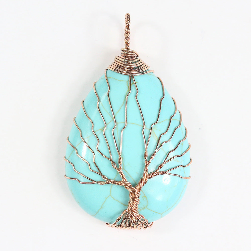 Rose Gold Plated Trendy Jewelry Reiki Healing Natural Stone Amethyst Tree of Life Wire Wrap Waterdrop Pendant