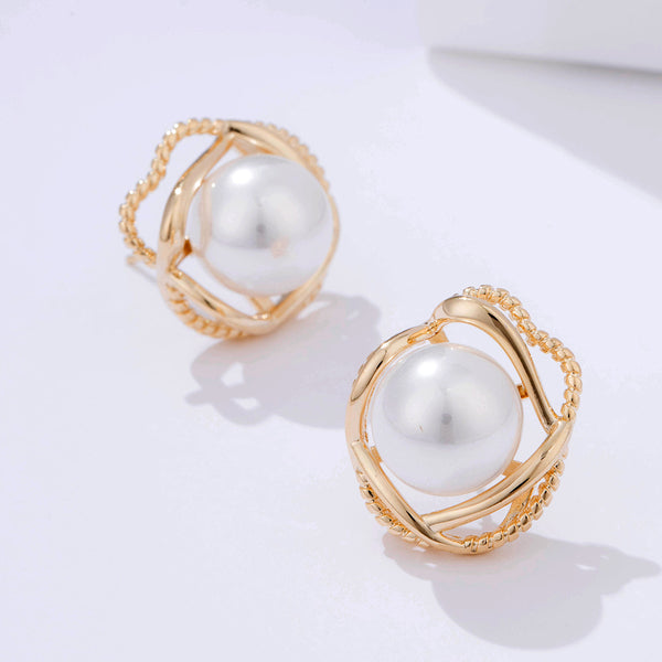 Luxury Classic Simple Geometric Gold Big Freshwater Pearl Earring Studs Pearl Gift For Women