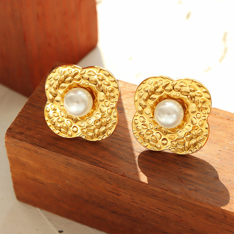 Wholesale French Luxury Stainless Steel Women Imitation Pearl Big Gold Flower Stud Earrings