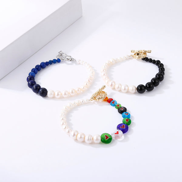 New Style Freshwater Pearl Lapis Lazuli Dyed Quartz Chakra Bracelet Trendy Onyx Natural Stone Beads Bracelet