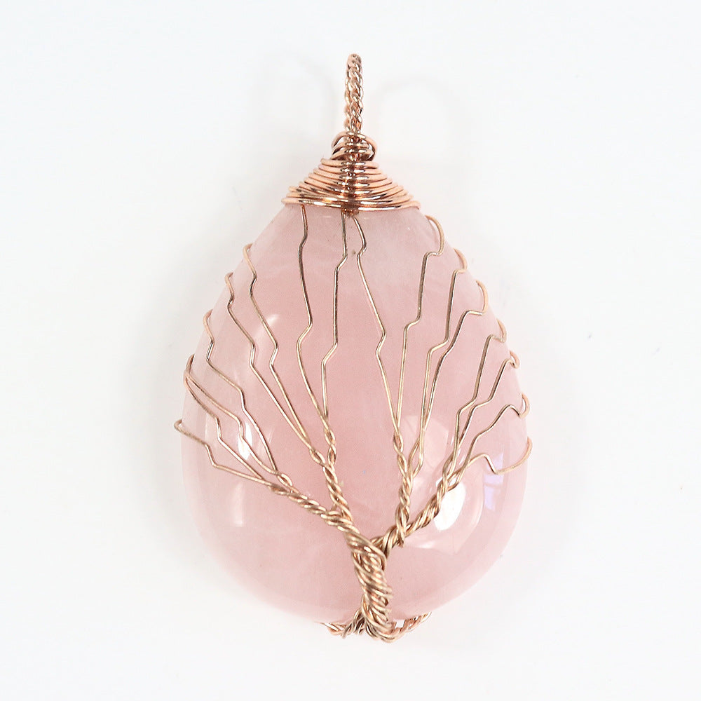 Rose Gold Plated Trendy Jewelry Reiki Healing Natural Stone Amethyst Tree of Life Wire Wrap Waterdrop Pendant