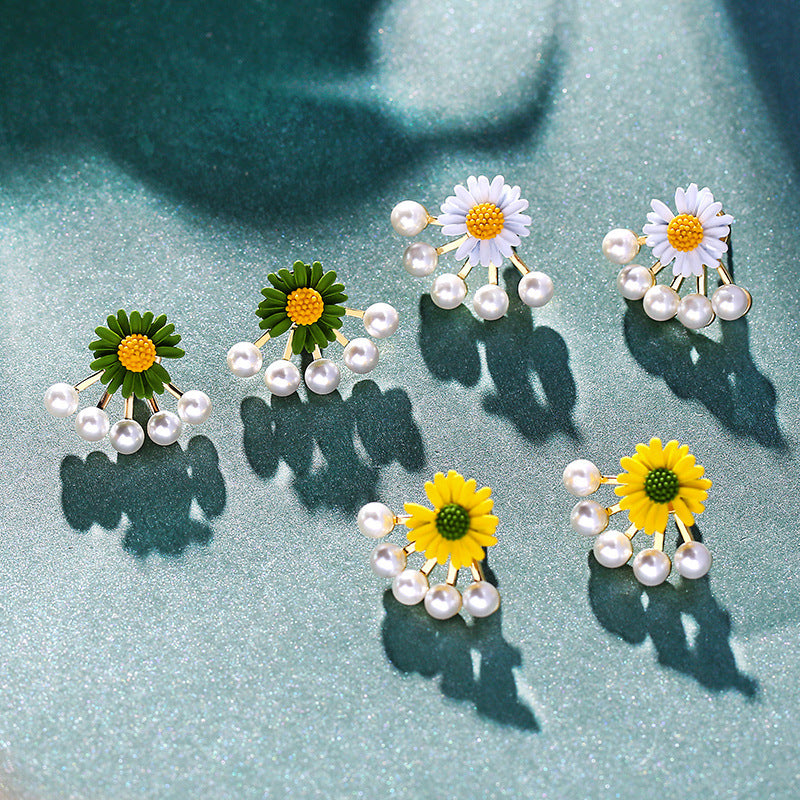 Sunflower Daisy Flower Dangle Pearl Earrings Trendy Korean Fashion Simple White Green Yellow ZINC Alloy Stud Earrings 2*2.4cm