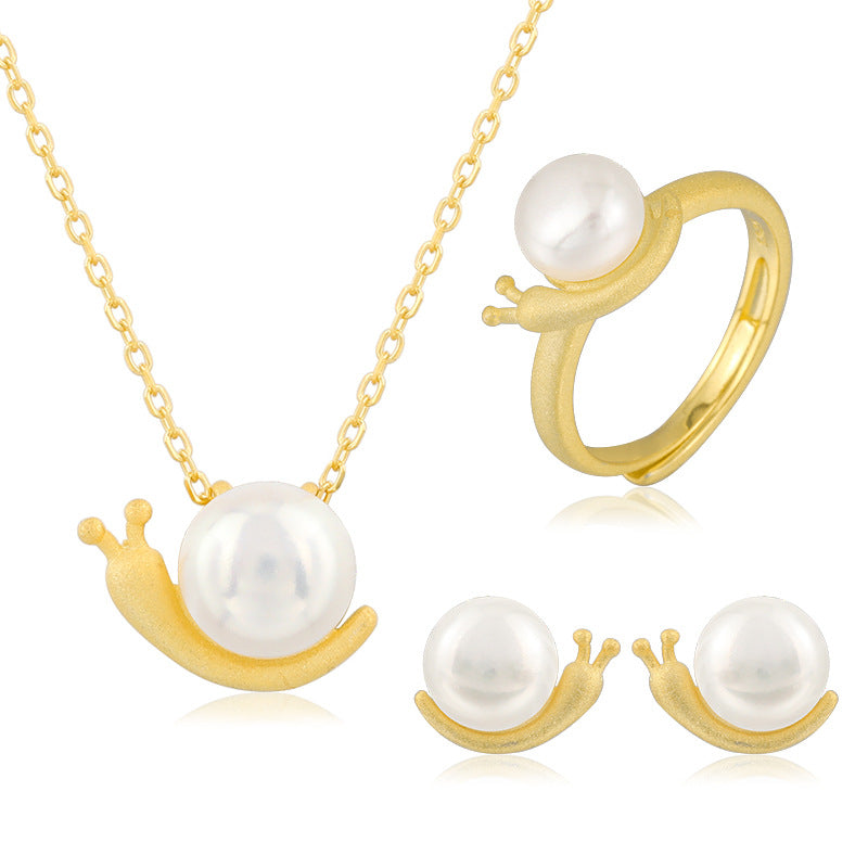 Fine Fashion Women Charm Freshwater Natural Pearl Snail Drop Pendant Necklaces Ring Earrings Jewelry Set