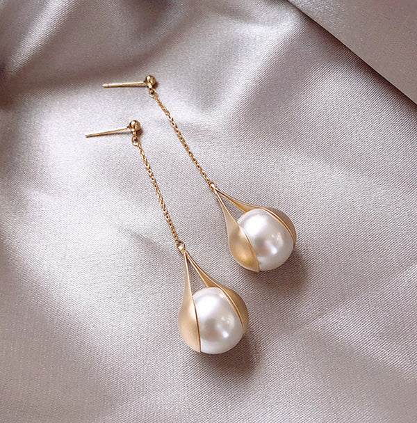 Korean Fashion Long Link Chain White Red Pearl Stud Drop Hanging Earrings For Women