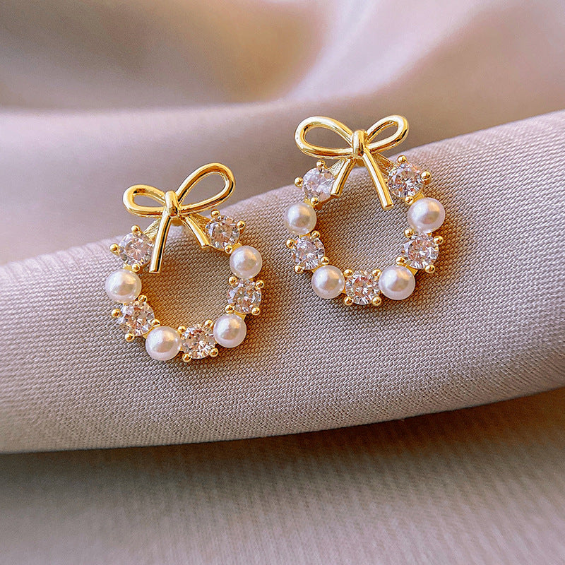 Luxury Statement Women Cute Rhinestone Bowknot Circle Hoop Fresh Water Pearl Stud Earrings