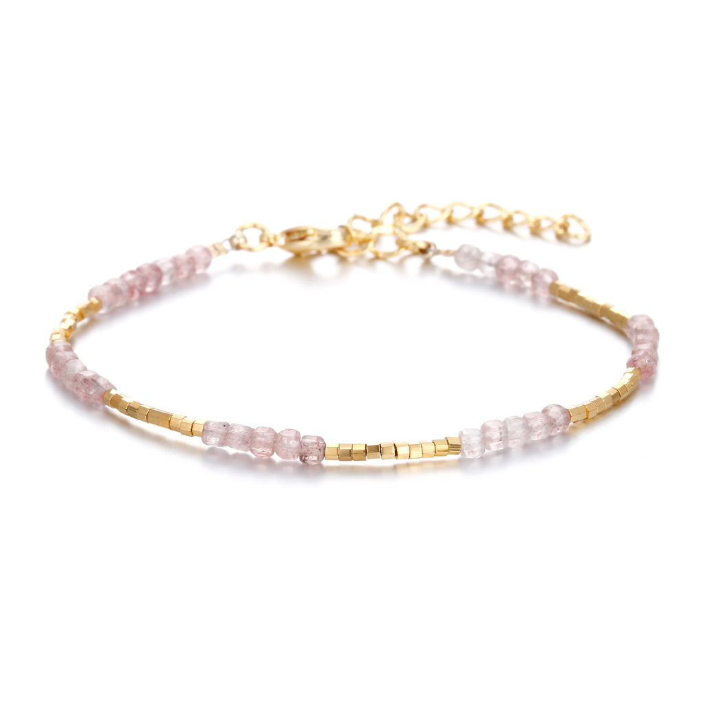 19 Designs Boho Fashion Jewelry Women Gold Plated 2MM Strawberry Rose Quartz Semi-precious Natural Stone Bracelet