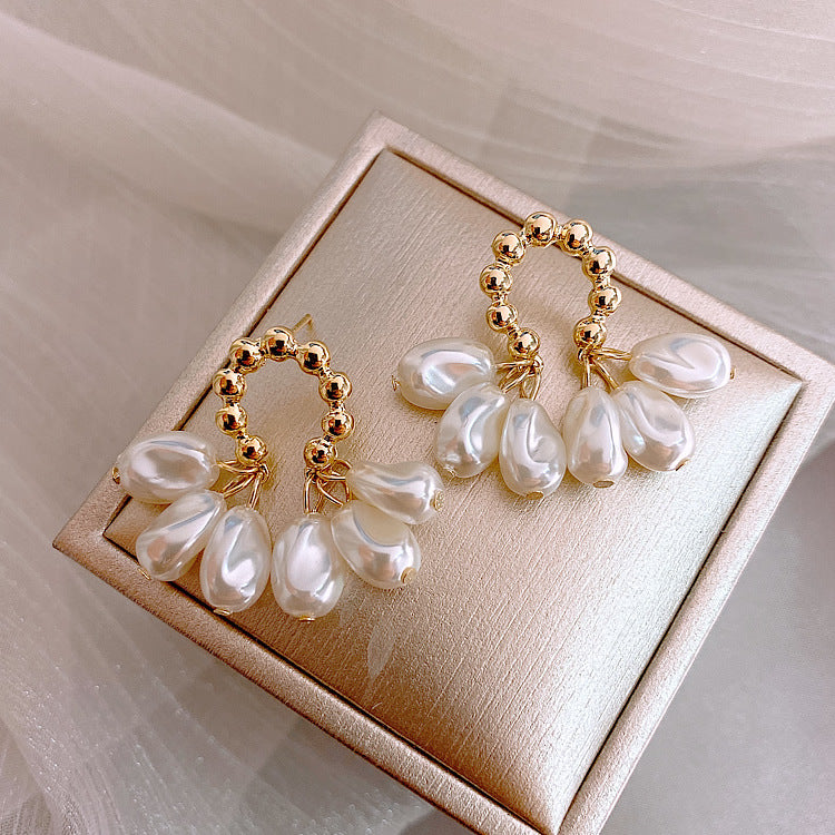 Korean Style Handmade Gold Textured Beaded Hoop Tassel Dangling Baroque Pearls Earrings for Women