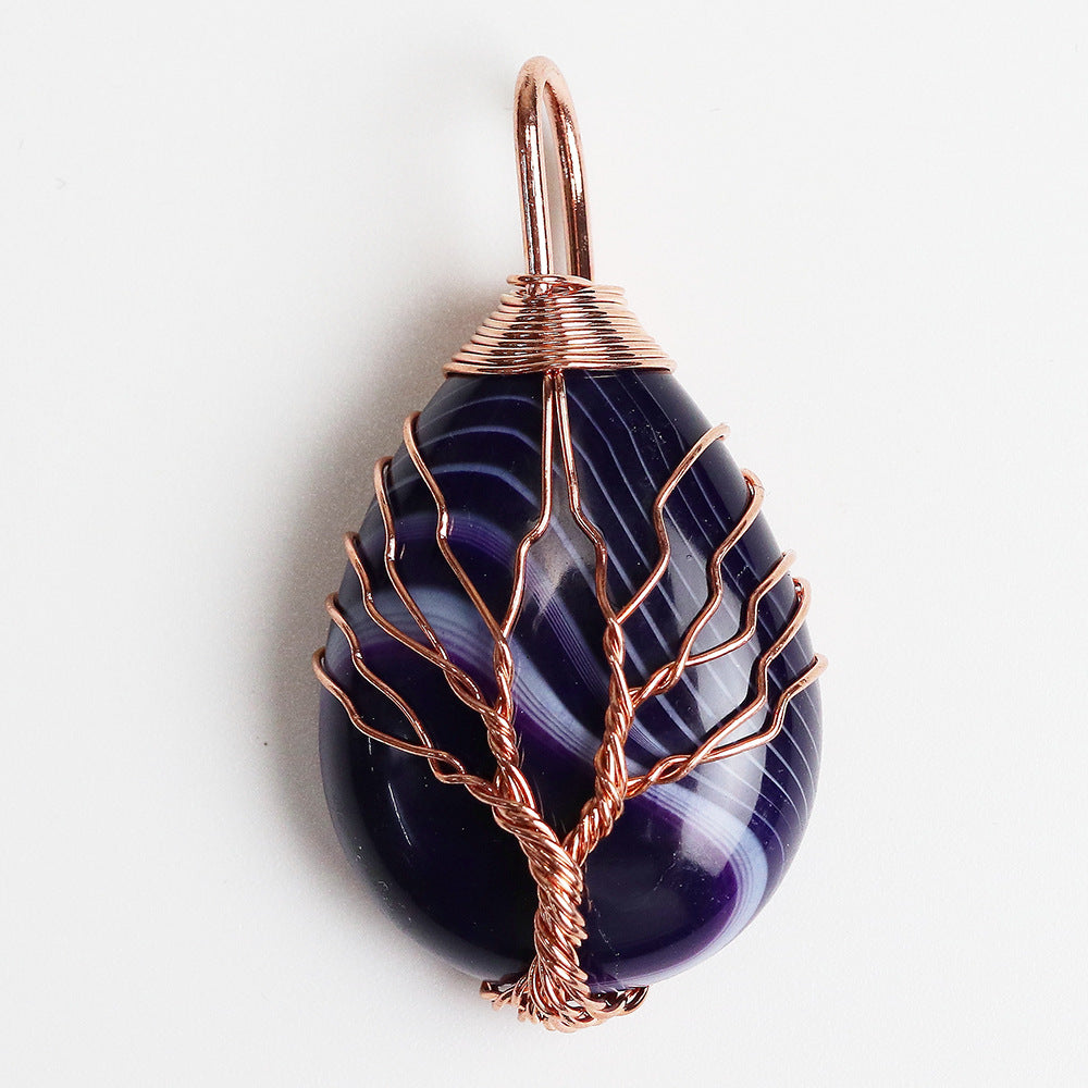 Charms Trendy Jewelry Faceted Semi-Precious Stone Agate Copper Wire Wrap Tree of Life Pendant