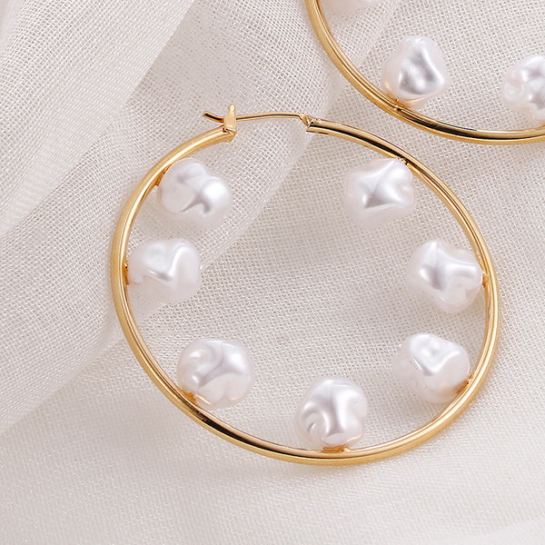 Fashion 18K Real Gold Plated Women Trendy Fashion Statement Jewelry Big Circle Pearl Hoop Earrings