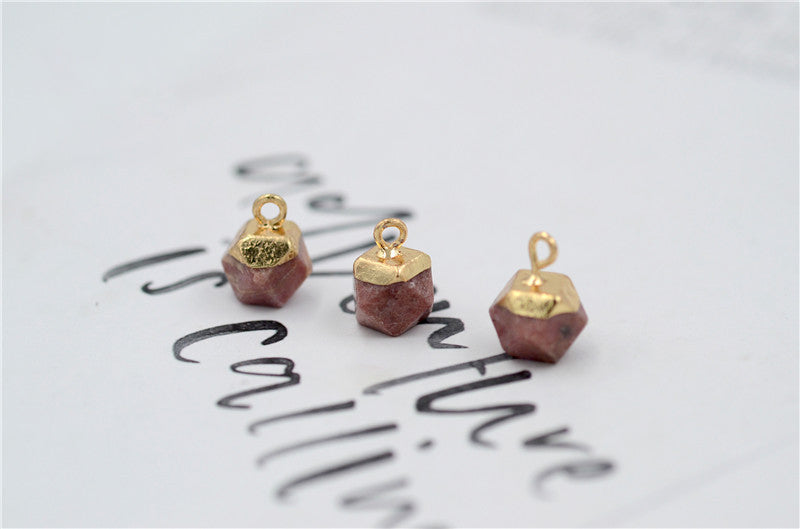 10MM Mini Gold Plated Rhodonite Quartz Bean Polygon Shape Gemstone Natural Stone Faceted Pendants Necklace