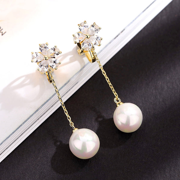 Elegant Chian Round Dazzling Crystal Pearls Earrings For Women Engagement Jewelry