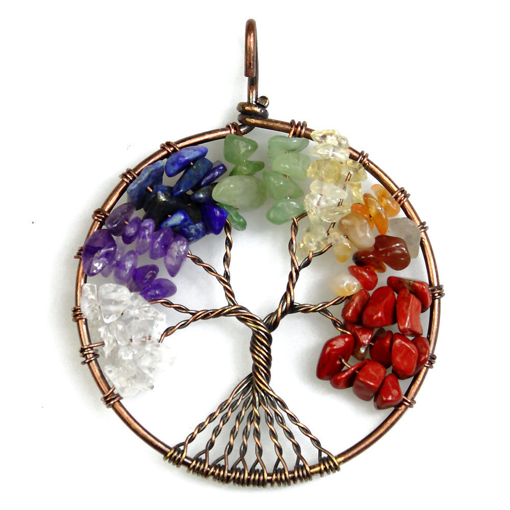 50MM Reki Mix Natural Stone Citrine Labradorite 7 Chakra Healing Round Tree Of Life Pendants