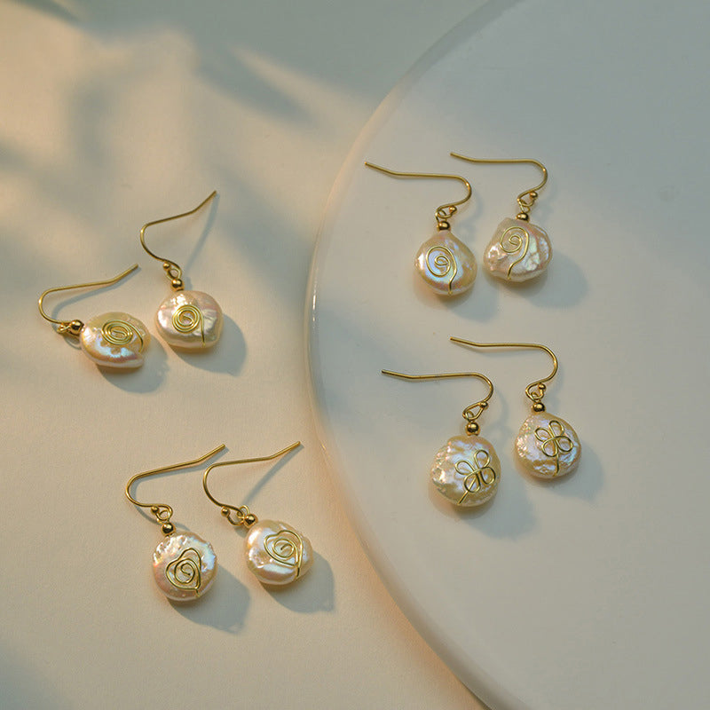 High Quality Women Elegant Stainless Steel 18K Gold Plated Baroque Pearl Hanging Earrings