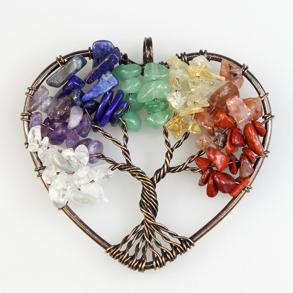 48MM 7 Chakra Chips Natural Stone Bronze Wire Wrapped Heart Shape Tree Of Life Pendants