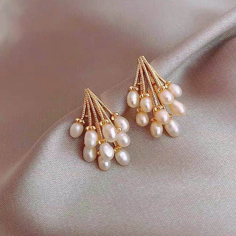 Fashion Korean Style Women 925 Sterling Silver Pin Tassel Baroque Dangle Pearl Stud Earrings