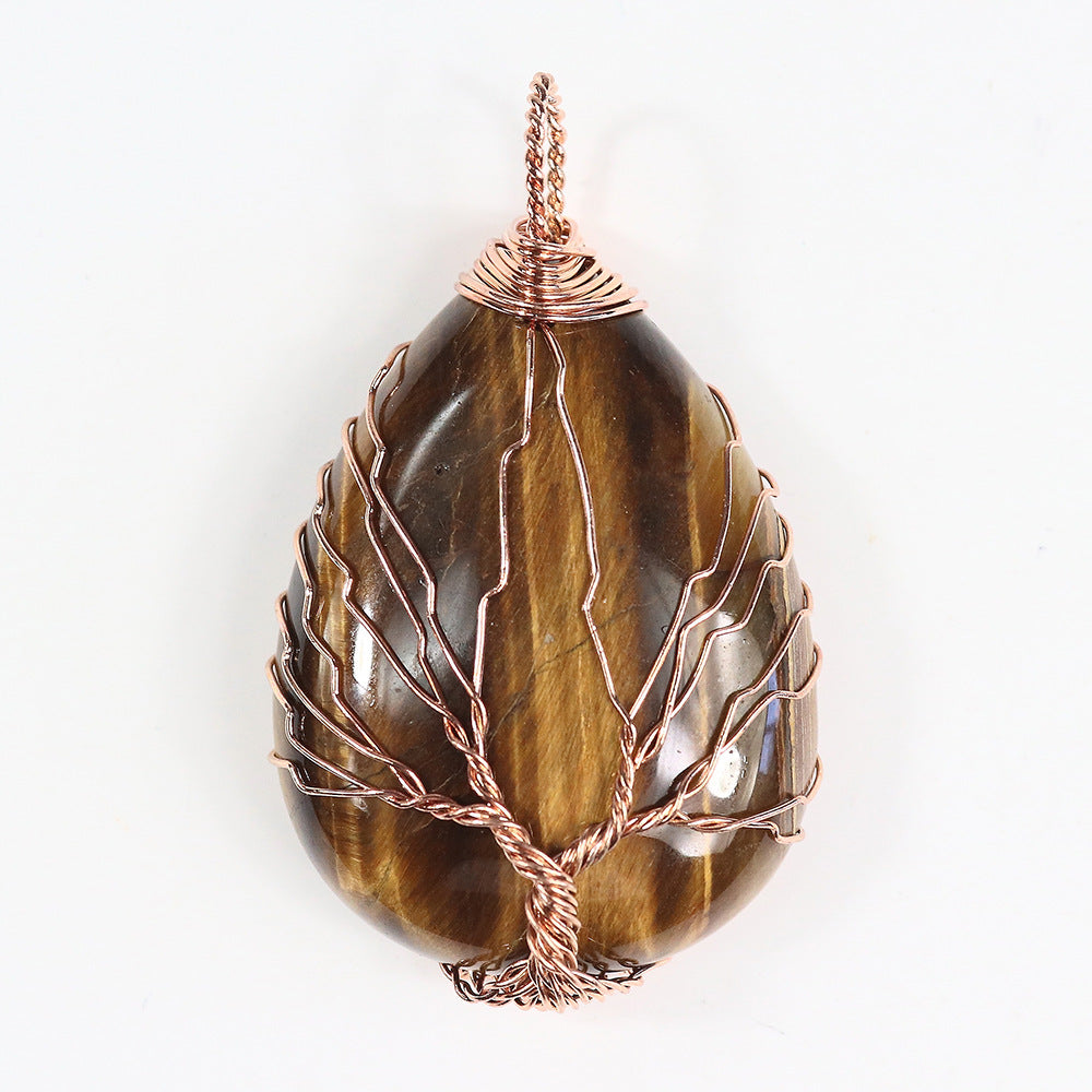 Rose Gold Plated Trendy Jewelry Reiki Healing Natural Stone Amethyst Tree of Life Wire Wrap Waterdrop Pendant