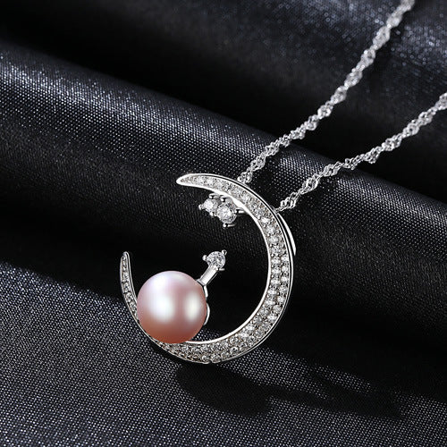 2022 Girls Fashion Jewelry Water-wave Chain 925 Sterling Silver Natural Pearl Moon Necklace