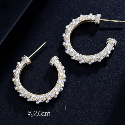 Fashion Simple Plain Gold Color Big Circle Small Beaded Pearl Hoop Earrings for Women Party Jewelry