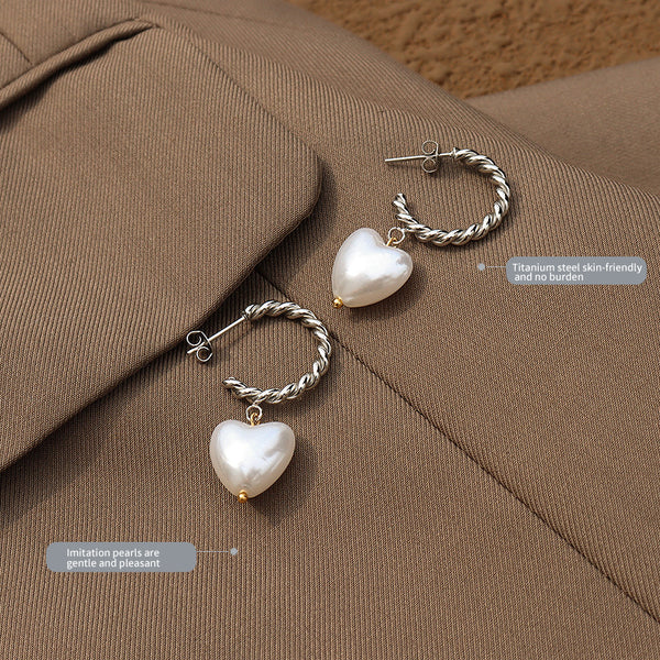 Sweet Fashion Stainless Steel Jewelry Wholesale Twisted Chain C Shape Heart Pearl Drop Earrings