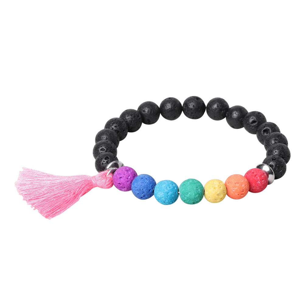 2022 Trendy Rainbow Women Lava 8mm Natural Stone Beaded Bracelet With Tassel Accessories