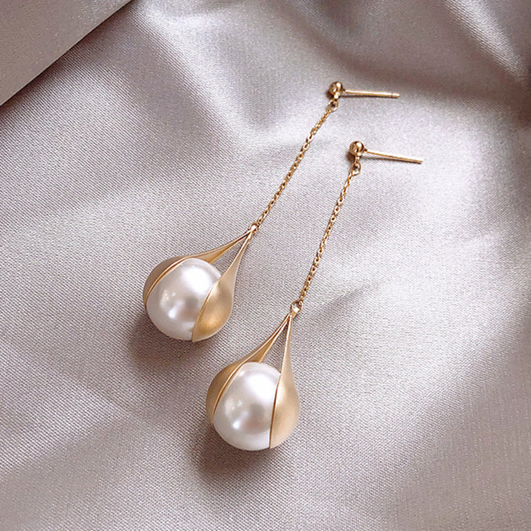 Korean Fashion Long Link Chain White Red Pearl Stud Drop Hanging Earrings For Women