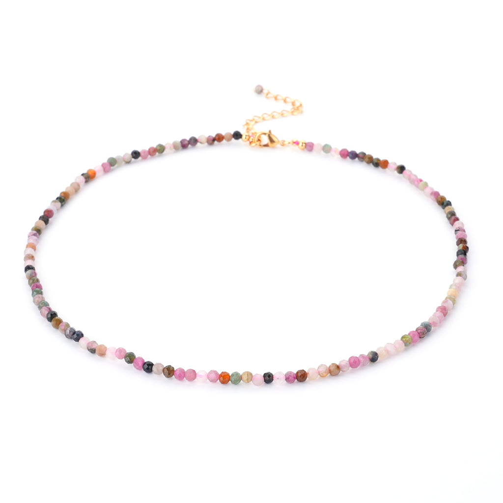 Mini Natural Stone Minimalist Jewelry Pink Quartz Crystal Tourmaline Lapis 3mm Faceted Gemstones Round Beads Choker Necklace