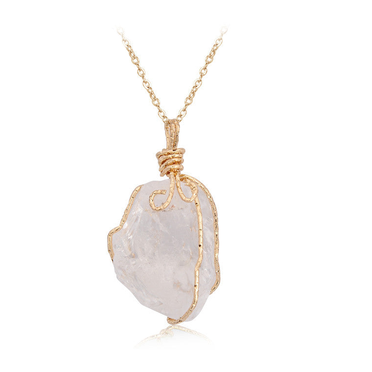 Women Trendy Irregular Gemstone Natural Stone Crystal Wire Wrap Rock Raw Clear Rose Quartz Pendant Necklace Jewelry