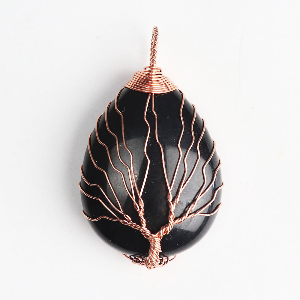 Rose Gold Plated Trendy Jewelry Reiki Healing Natural Stone Amethyst Tree of Life Wire Wrap Waterdrop Pendant