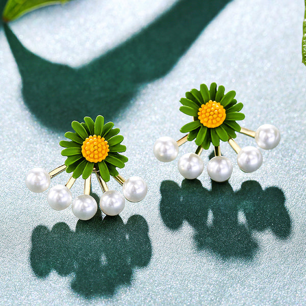 Sunflower Daisy Flower Dangle Pearl Earrings Trendy Korean Fashion Simple White Green Yellow ZINC Alloy Stud Earrings 2*2.4cm