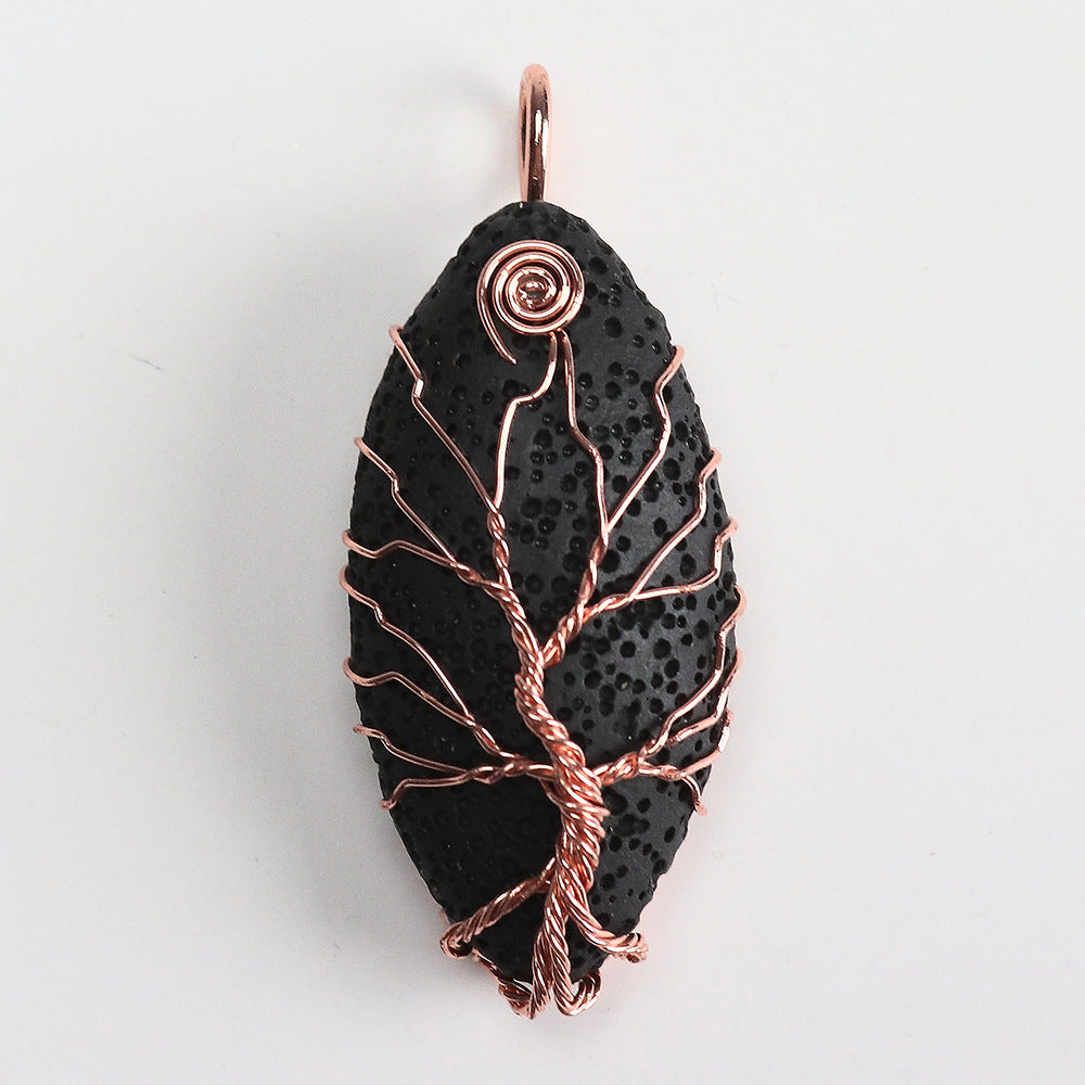 Oval Shaped Wire Winding Natural Volcanic Beads Lava Stone Tree of Life Ellipse Pendants