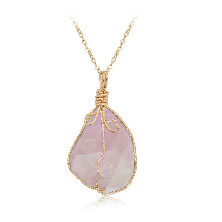 Women Trendy Irregular Gemstone Natural Stone Crystal Wire Wrap Rock Raw Clear Rose Quartz Pendant Necklace Jewelry