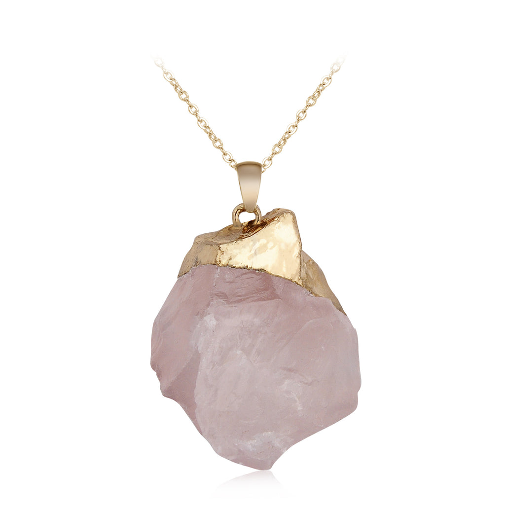 Irregular Shape Gold Plated Healing Rose Quartz Crystal Amethyst Semi Precious Raw Stone Pendants for Jewelry Making