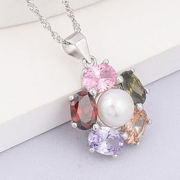 Luxury Elegant Lady Rainbow Color CZ Flower Necklace Earrings Ring 925 Sterling Silver Natural Pearl Jewelry Set