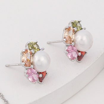 Luxury Elegant Lady Rainbow Color CZ Flower Necklace Earrings Ring 925 Sterling Silver Natural Pearl Jewelry Set