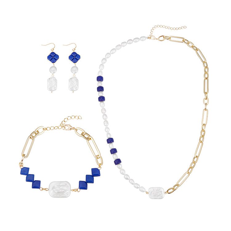 Fashion Design High Quality Blue Stones Bracelet Natural Pearl Set Women Jewelry Natural Pearl Suede Necklace Earrings Set