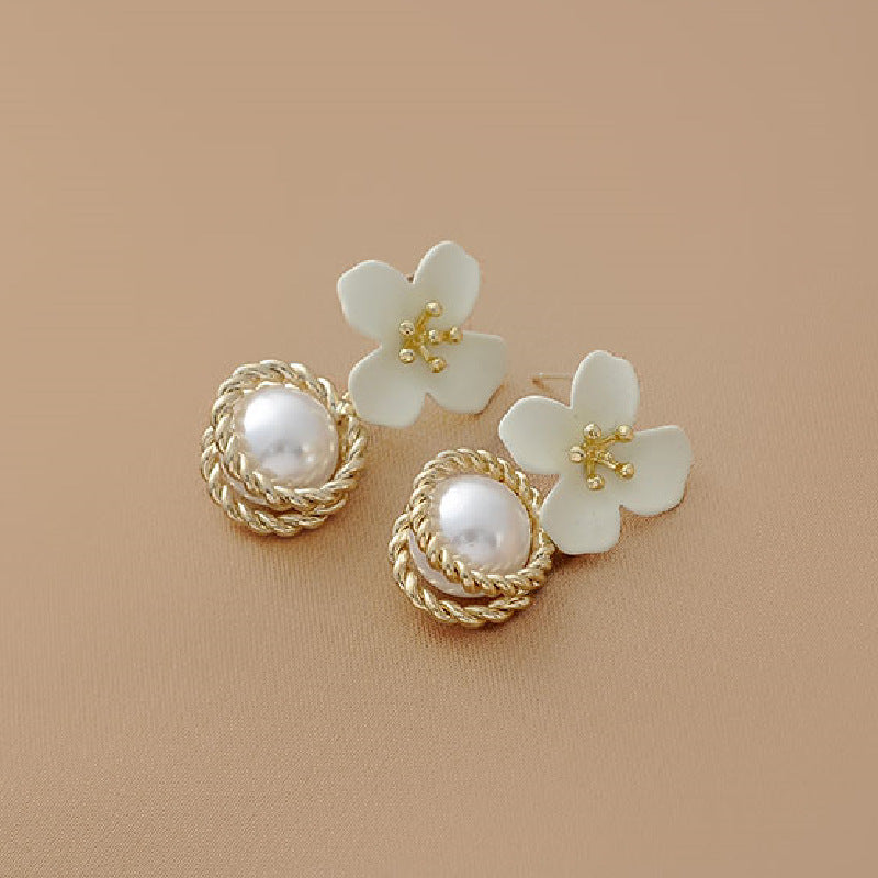 Trendy Luxury Elegant Hawaiian White Yellow Purple Flower Gold Pearl Stud Earrings For Women