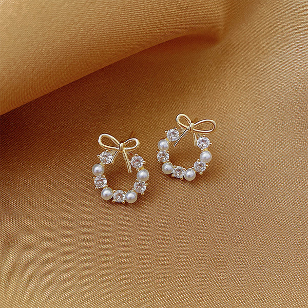 Luxury Statement Women Cute Rhinestone Bowknot Circle Hoop Fresh Water Pearl Stud Earrings