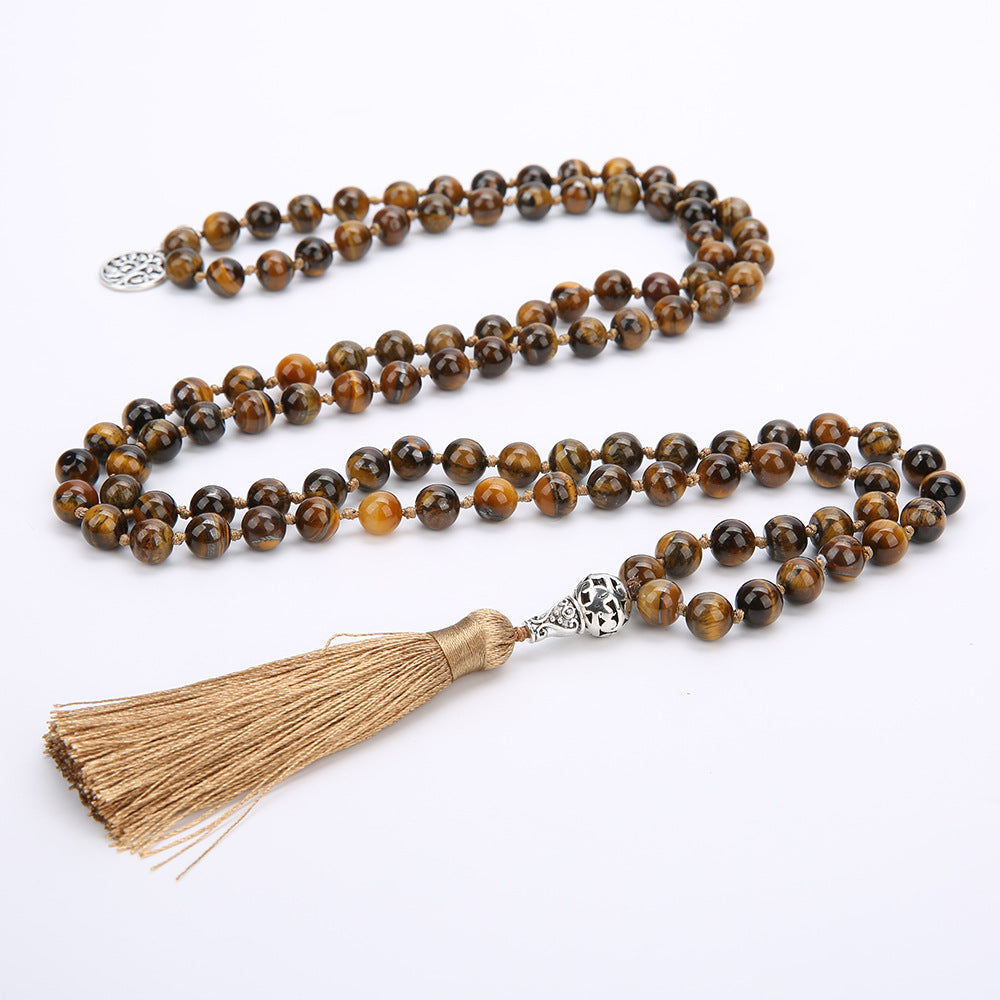 Handmade Islamic 8MM Yoga Tassel Natural Stone Tiger Eye Rosary 108 Japamala Prayer Beads Long Necklace For Women Men