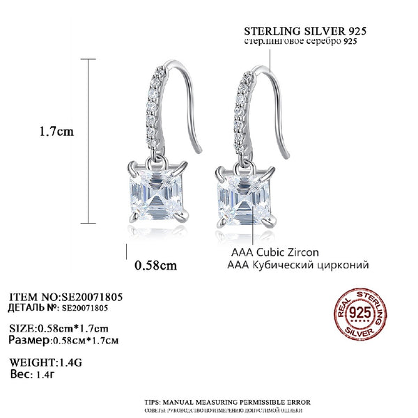 2021 New Design Elegant Drop Hook Earrings for Women 925 Sterling Silver Asscher Cut Cubic Zircon Earring Rhodium Plated Jewelry