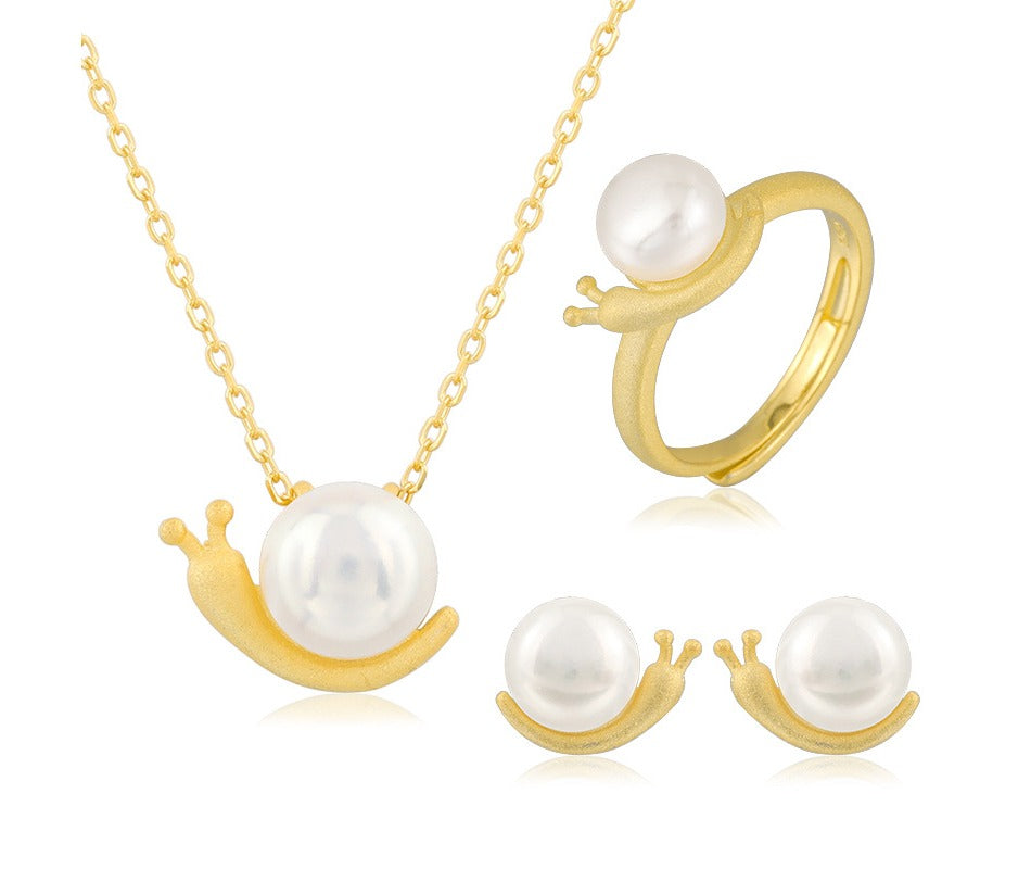 Fine Fashion Women Charm Freshwater Natural Pearl Snail Drop Pendant Necklaces Ring Earrings Jewelry Set